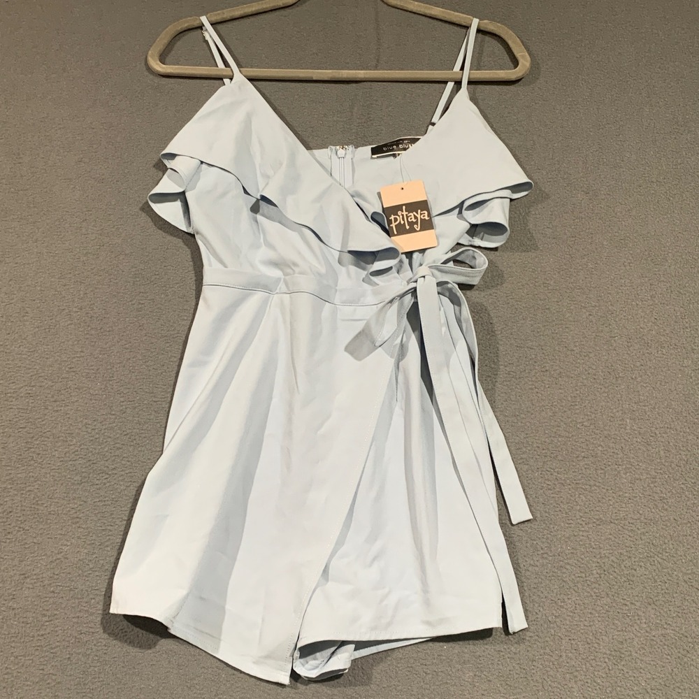 Blue Blush Sky Blue Petal Wrap Ruffle Romper Small